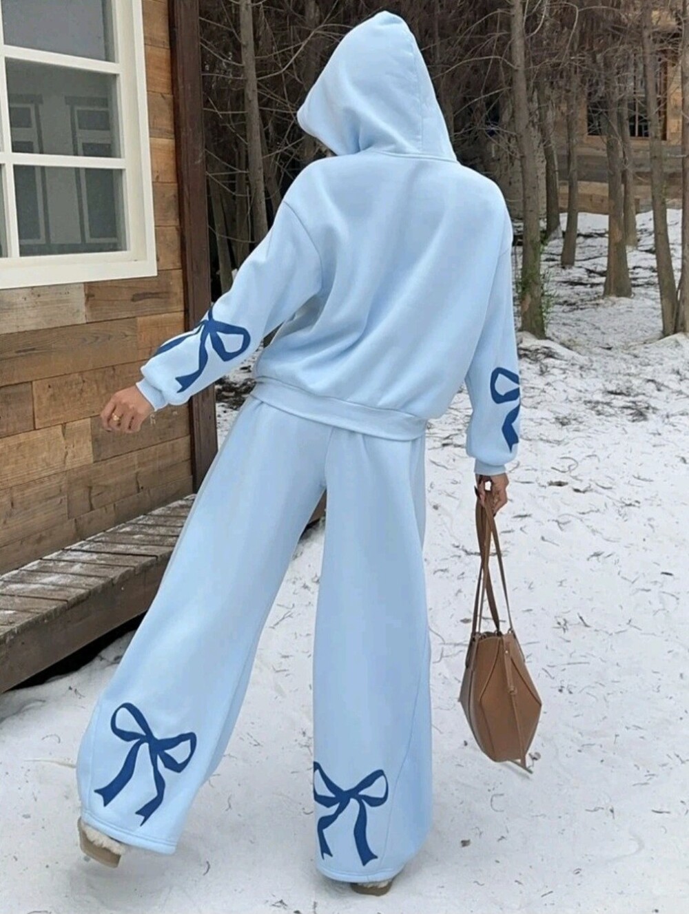 Women's Colorblock Bow Print Kangaroo Pocket Hooded Sweatshirt With Matching
